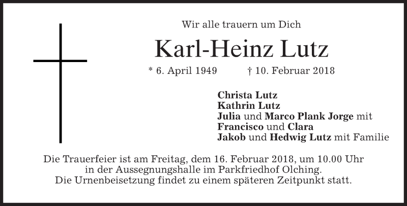  Traueranzeige für Karl-Heinz Lutz vom 14.02.2018 aus merkurtz