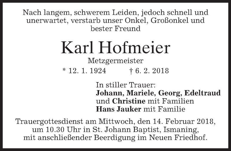  Traueranzeige für Karl Hofmeier vom 10.02.2018 aus merkurtz