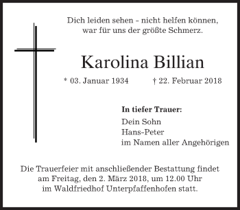 Traueranzeige von Karolina Billian von merkurtz