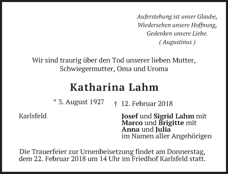  Traueranzeige für Katharina Lahm vom 17.02.2018 aus merkurtz