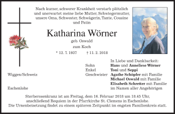 Traueranzeige von Katharina Wörner von merkurtz