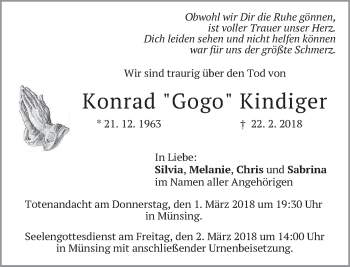 Traueranzeige von Konrad Kindiger von merkurtz