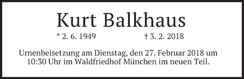  Traueranzeige für Kurt Balkhaus vom 24.02.2018 aus merkurtz