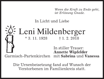 Traueranzeige von Leni Mildenberger von merkurtz