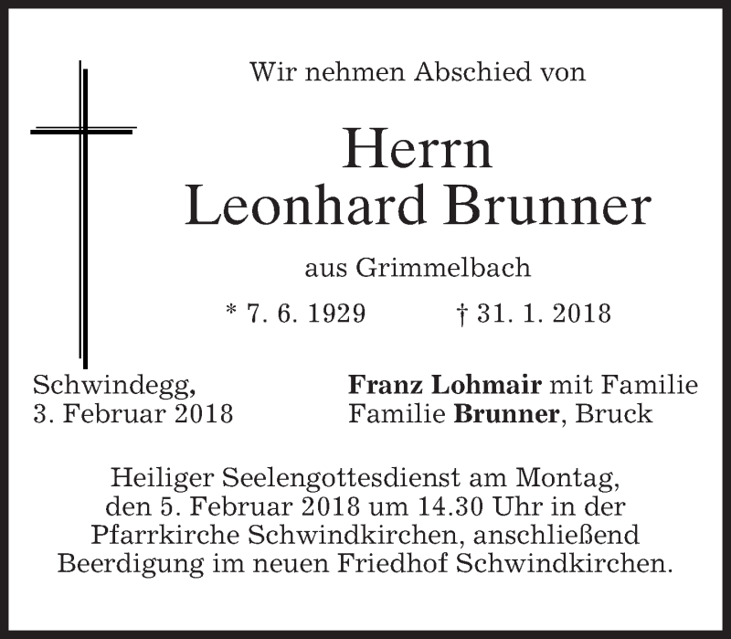  Traueranzeige für Leonhard Brunner vom 03.02.2018 aus merkurtz