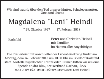 Traueranzeige von Magdalena Heindl von merkurtz