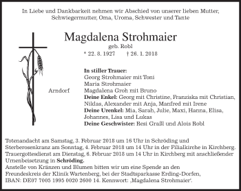 Traueranzeige von Magdalena Strohmaier von merkurtz