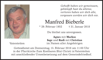 Traueranzeige von Manfred Bieberle von merkurtz