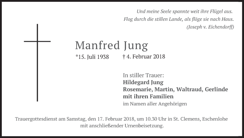  Traueranzeige für Manfred Jung vom 10.02.2018 aus merkurtz
