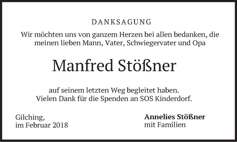  Traueranzeige für Manfred Stößner vom 10.02.2018 aus merkurtz