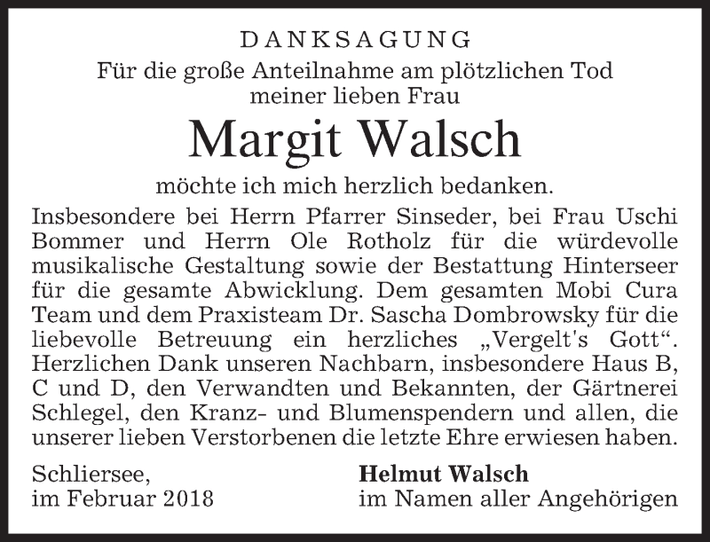  Traueranzeige für Margit Walsch vom 17.02.2018 aus merkurtz
