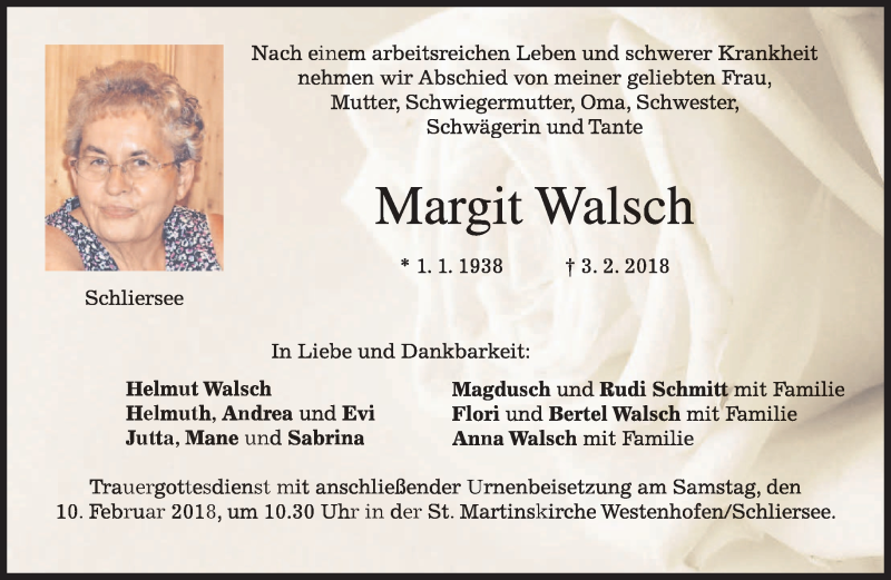  Traueranzeige für Margit Walsch vom 08.02.2018 aus merkurtz
