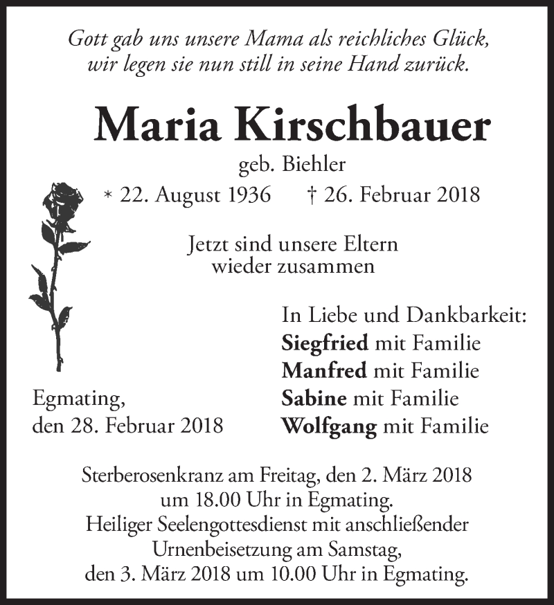  Traueranzeige für Maria Kirschbauer vom 28.02.2018 aus merkurtz