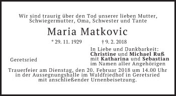 Traueranzeige von Maria Matkovic von merkurtz