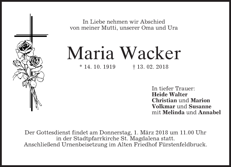 Traueranzeigen Von Maria Wacker | Trauer.merkur.de