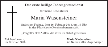 Traueranzeige von Maria Wasensteiner von merkurtz