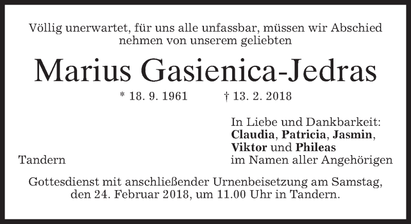  Traueranzeige für Marius Gasienica-Jedras vom 21.02.2018 aus merkurtz