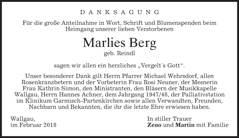  Traueranzeige für Marlies Berg vom 24.02.2018 aus merkurtz