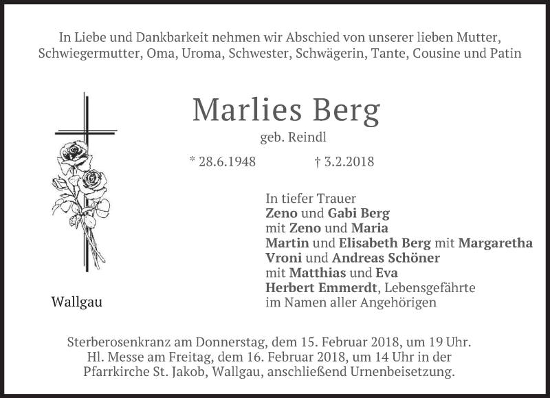  Traueranzeige für Marlies Berg vom 13.02.2018 aus merkurtz
