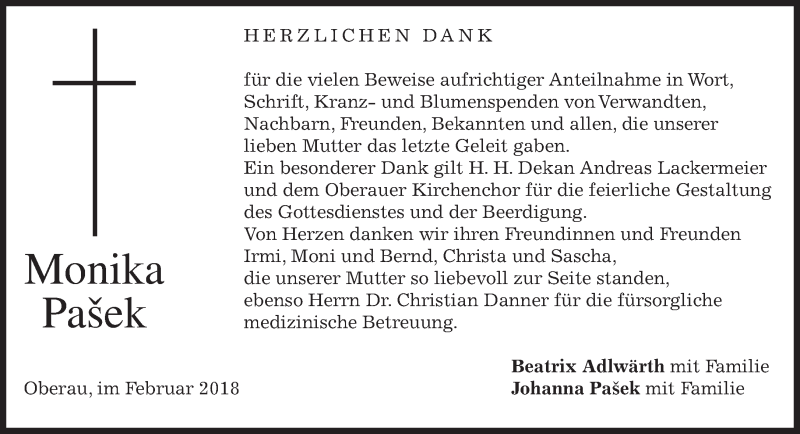  Traueranzeige für Monika Pašek vom 17.02.2018 aus merkurtz