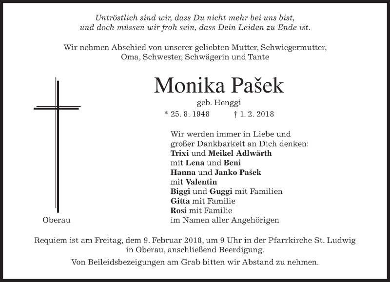  Traueranzeige für Monika Pašek vom 05.02.2018 aus merkurtz