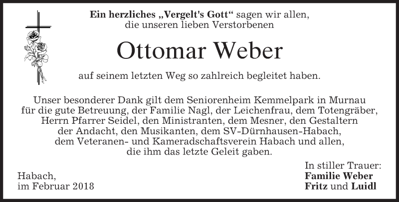  Traueranzeige für Ottomar Weber vom 24.02.2018 aus merkurtz