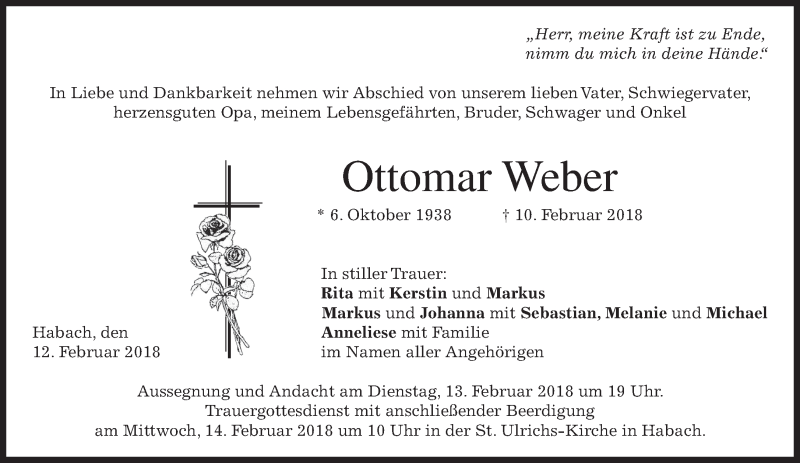  Traueranzeige für Ottomar Weber vom 12.02.2018 aus merkurtz