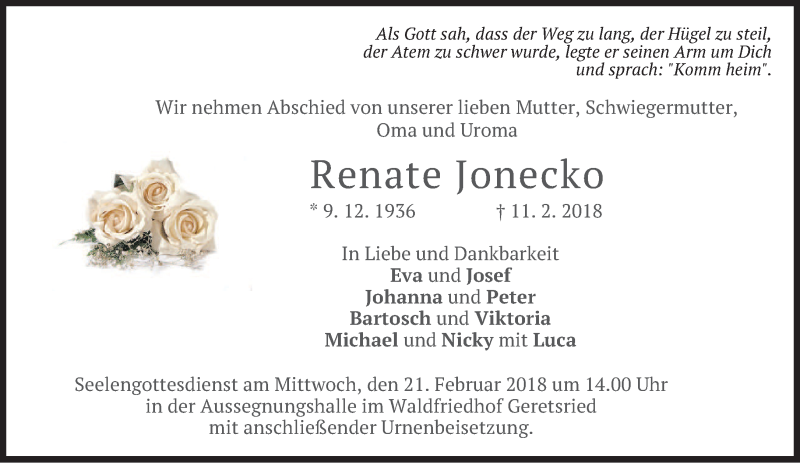  Traueranzeige für Renate Jonecko vom 17.02.2018 aus merkurtz