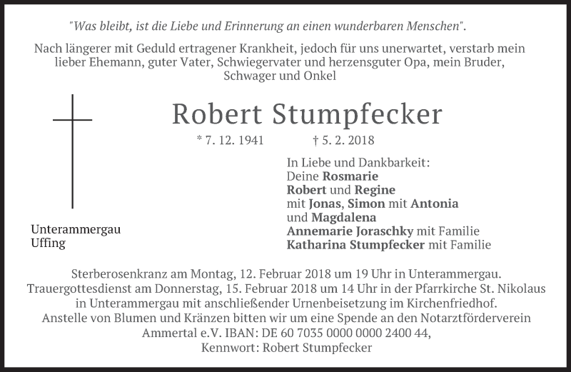  Traueranzeige für Robert Stumpfecker vom 10.02.2018 aus merkurtz