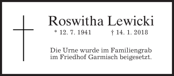 Traueranzeige von Roswitha Lewicki von merkurtz
