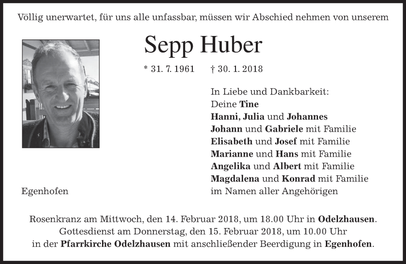  Traueranzeige für Sepp Huber vom 13.02.2018 aus merkurtz