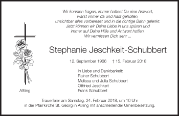 Traueranzeige von Stephanie Jeschkeit-Schubbert von merkurtz