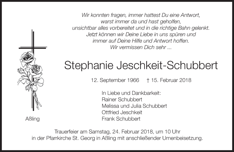  Traueranzeige für Stephanie Jeschkeit-Schubbert vom 22.02.2018 aus merkurtz