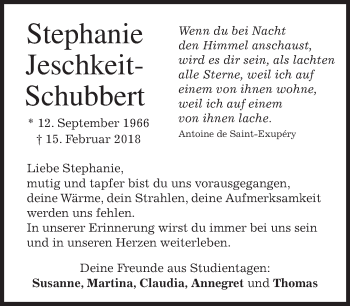 Traueranzeige von Stephanie Jeschkeit-Schubbert von merkurtz
