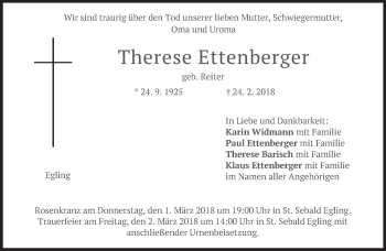 Traueranzeige von Therese Ettenberger von merkurtz