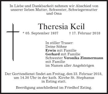 Traueranzeige von Theresia Keil von merkurtz