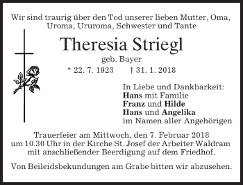Traueranzeige von Theresia Striegl von merkurtz