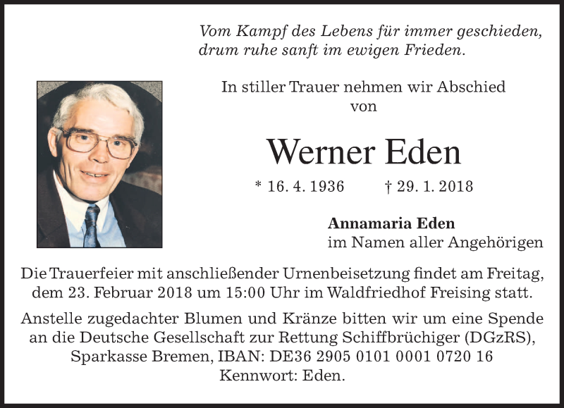  Traueranzeige für Werner Eden vom 17.02.2018 aus merkurtz