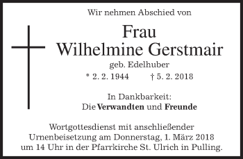 Traueranzeige von Wilhelmine Gerstmair von merkurtz