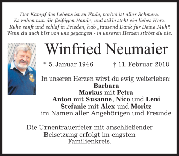 Traueranzeige von Winfried Neumaier von merkurtz