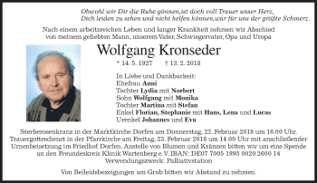 Traueranzeige von Wolfgang Kronseder von merkurtz