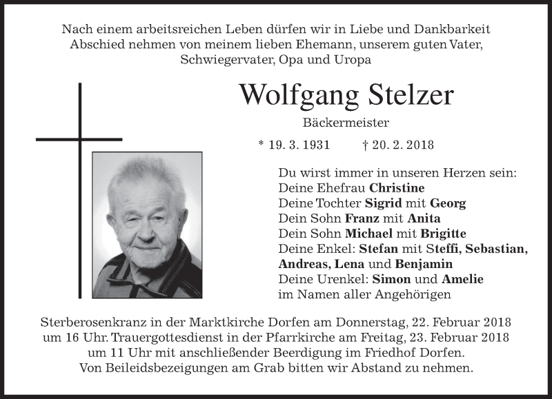  Traueranzeige für Wolfgang Stelzer vom 21.02.2018 aus merkurtz