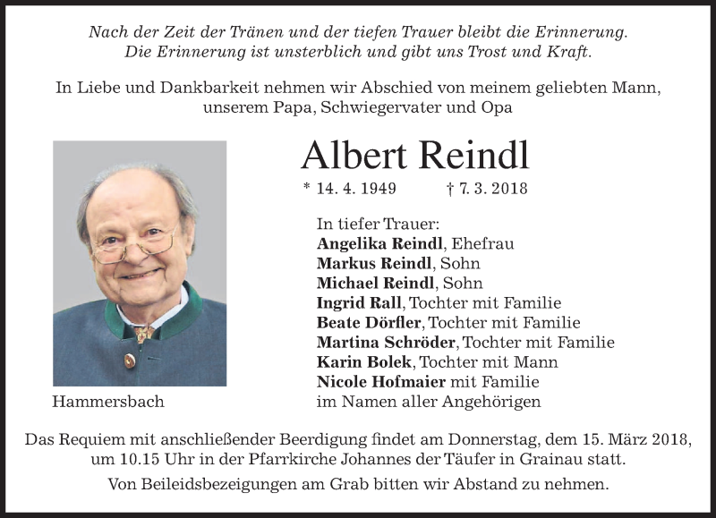  Traueranzeige für Albert Reindl vom 12.03.2018 aus merkurtz