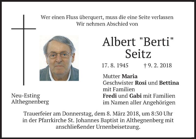  Traueranzeige für Albert Seitz vom 03.03.2018 aus merkurtz