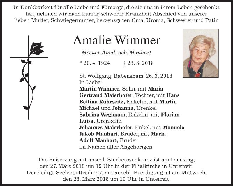  Traueranzeige für Amalie Wimmer vom 26.03.2018 aus merkurtz