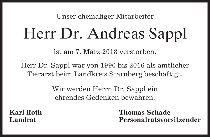  Traueranzeige für Andreas Sappl vom 13.03.2018 aus merkurtz