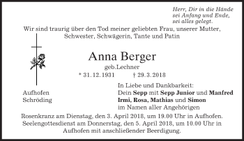 Traueranzeige von Anna Berger von merkurtz