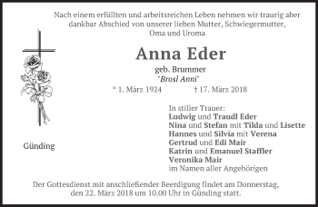 Traueranzeige von Anna Eder von merkurtz