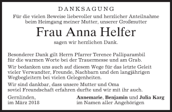 Traueranzeige von Anna Helfer von merkurtz
