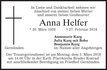 Traueranzeige von Anna Helfer von merkurtz